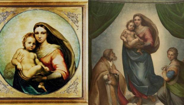 A pintura de Brécy Tondo e a Sistina Madonna de Raphael lado a lado. Imagem: Universidade de Nottingham e Universidade de Bradford.